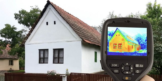 Ein Handgerät zeigt ein Wärmebild eines Hauses mit einem roten Dach und weißen Wänden, umgeben von Bäumen und einem Garten.